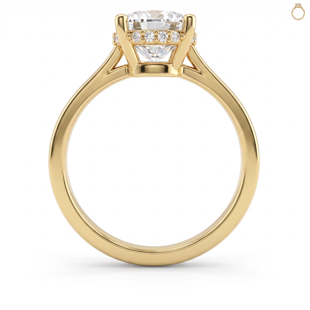 Side profile of the 2ct cushion hidden halo ring in 14K yellow gold, showing the hidden halo of pave diamonds under the stone