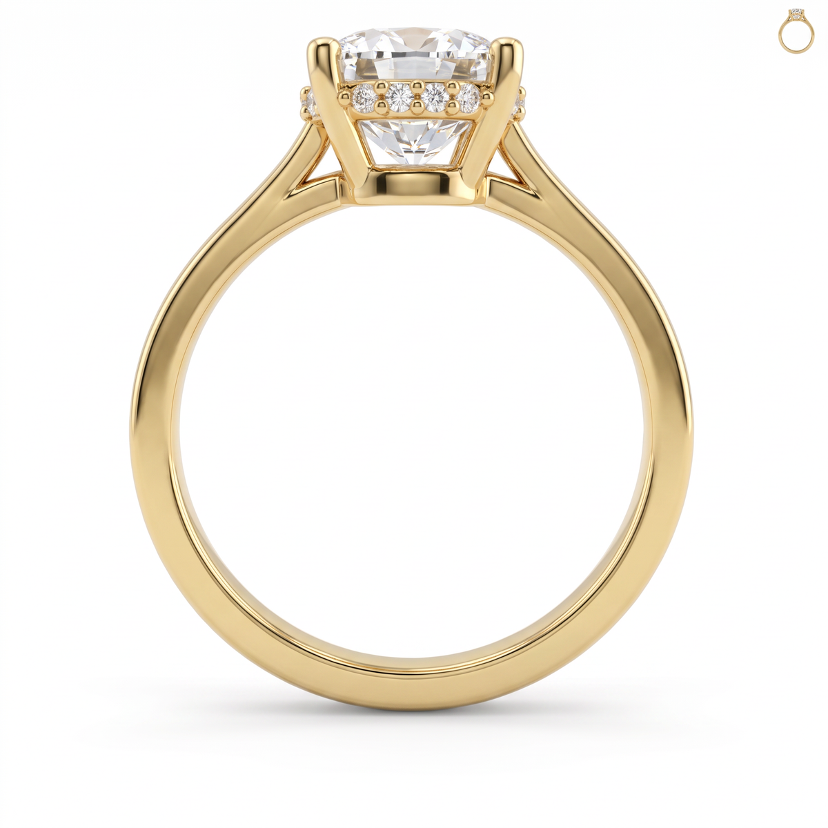 Side profile of the 2ct cushion hidden halo ring in 14K yellow gold, showing the hidden halo of pave diamonds under the stone