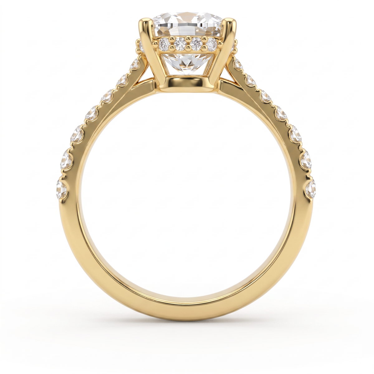 Profile view of a 2ct cushion engagement ring in 14K gold showing the hidden halo of Lab-Grown Diamonds under the center stone