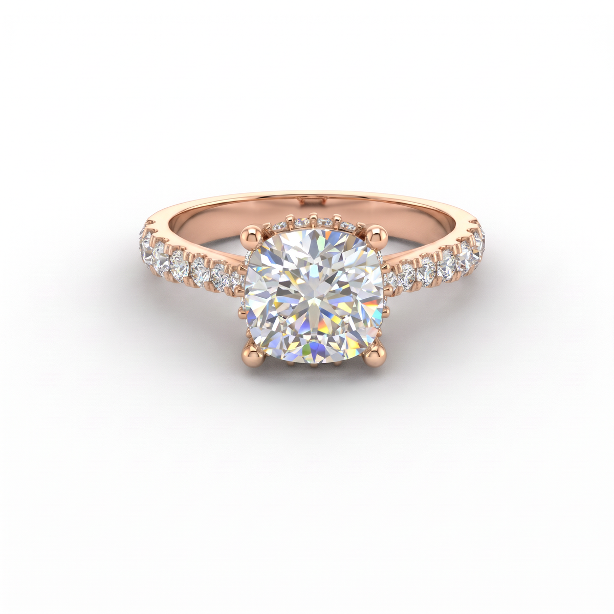 2ct cushion cut Lab-Grown Diamond engagement ring in 14K rose gold with hidden halo and pavé band, top view