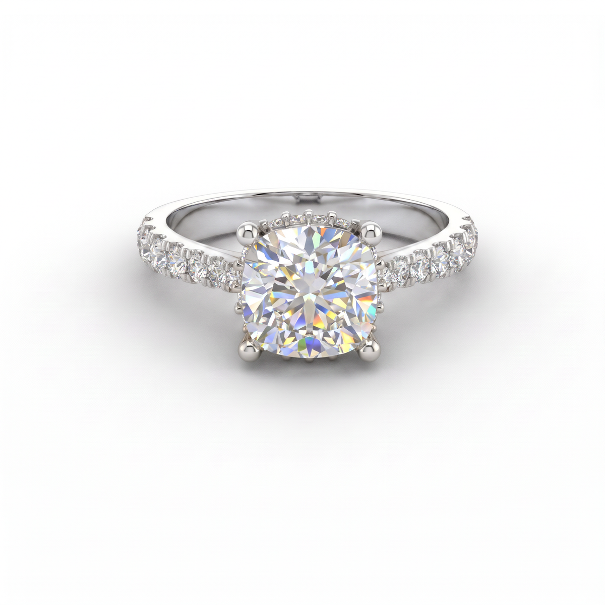2ct cushion cut Lab-Grown Diamond engagement ring in 14K white gold with hidden halo and pavé band, top view