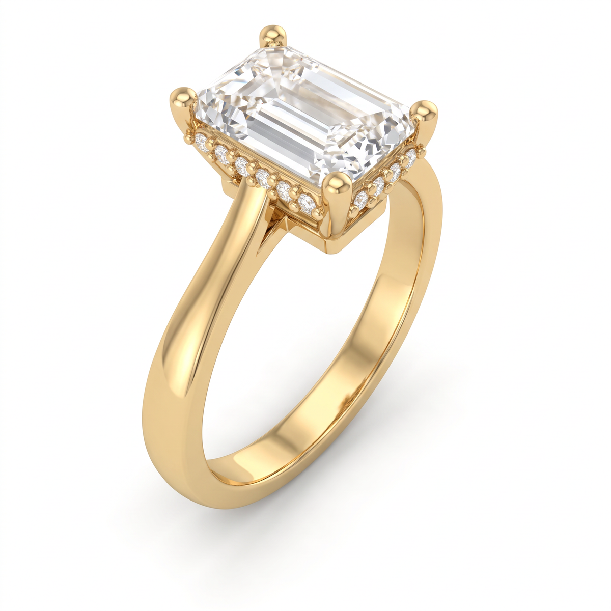 Angled view of a 2 carat emerald cut Lab-Grown Diamond engagement ring in 14K yellow gold