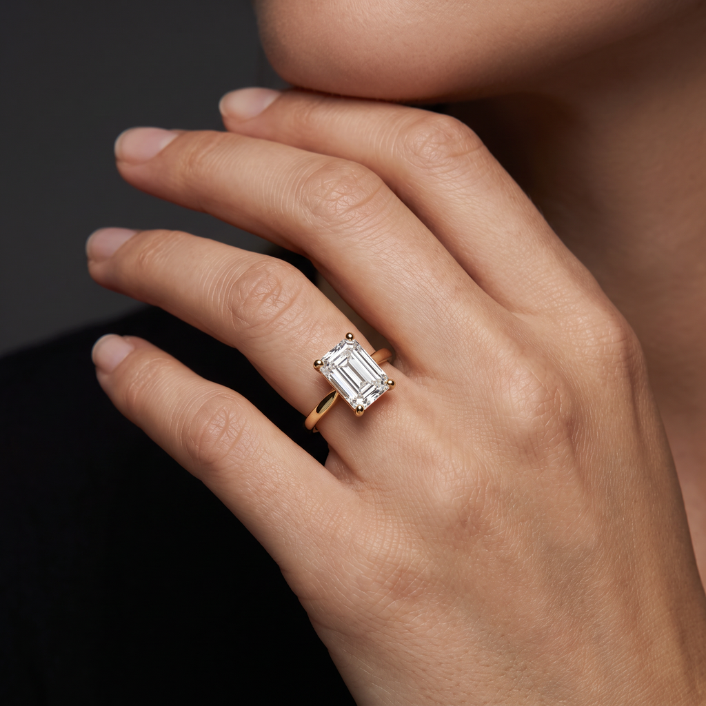 2ct emerald cut diamond solitaire in 14K yellow gold worn on the hand, showing the stone's scale against the finger