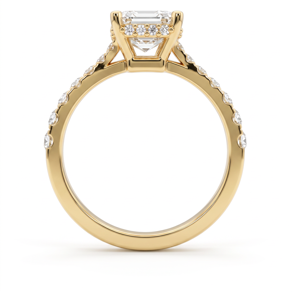 2ct emerald cut Lab-Grown Diamond engagement ring in 14K yellow gold, profile view showing hidden halo under the center stone