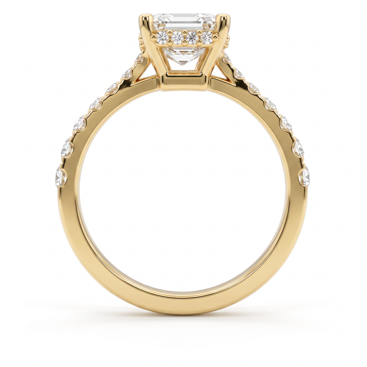 2ct emerald cut Lab-Grown Diamond engagement ring in 14K yellow gold, profile view showing hidden halo under the center stone