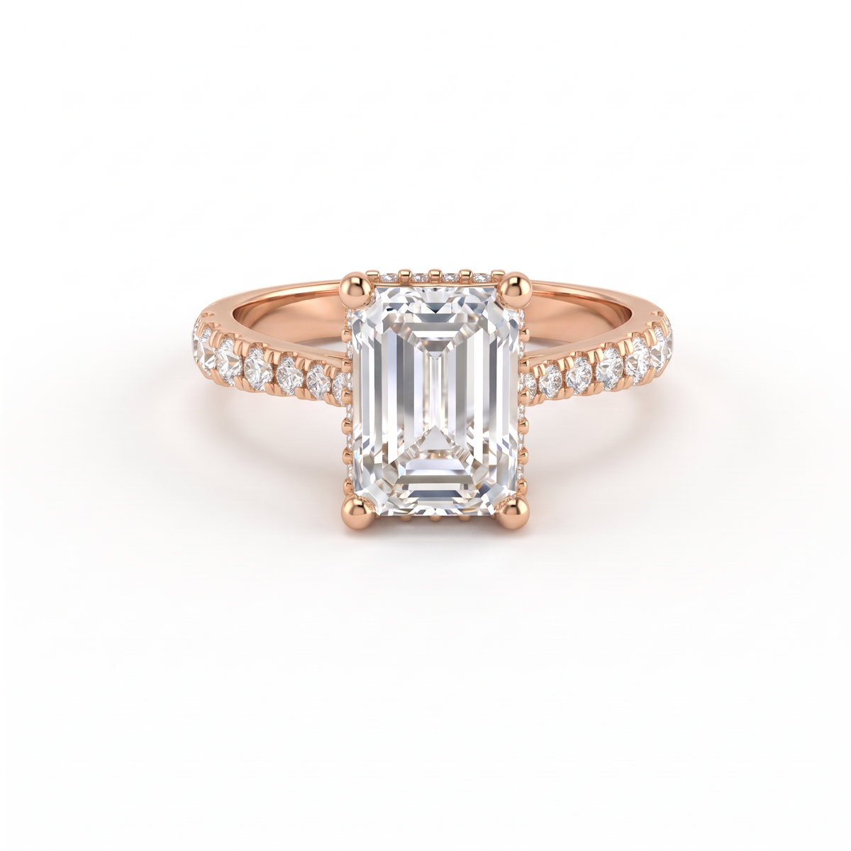 2ct emerald cut Lab-Grown Diamond engagement ring in 14K rose gold with hidden halo and pavé band, top view