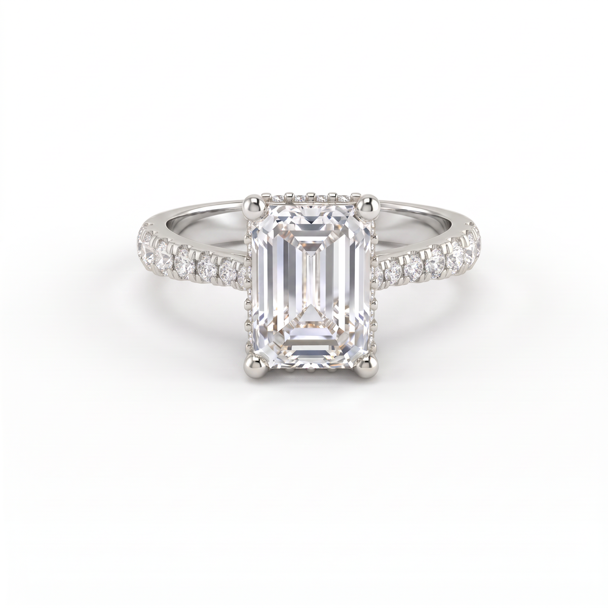 2ct emerald cut Lab-Grown Diamond engagement ring in 14K white gold with hidden halo and pavé band, top view