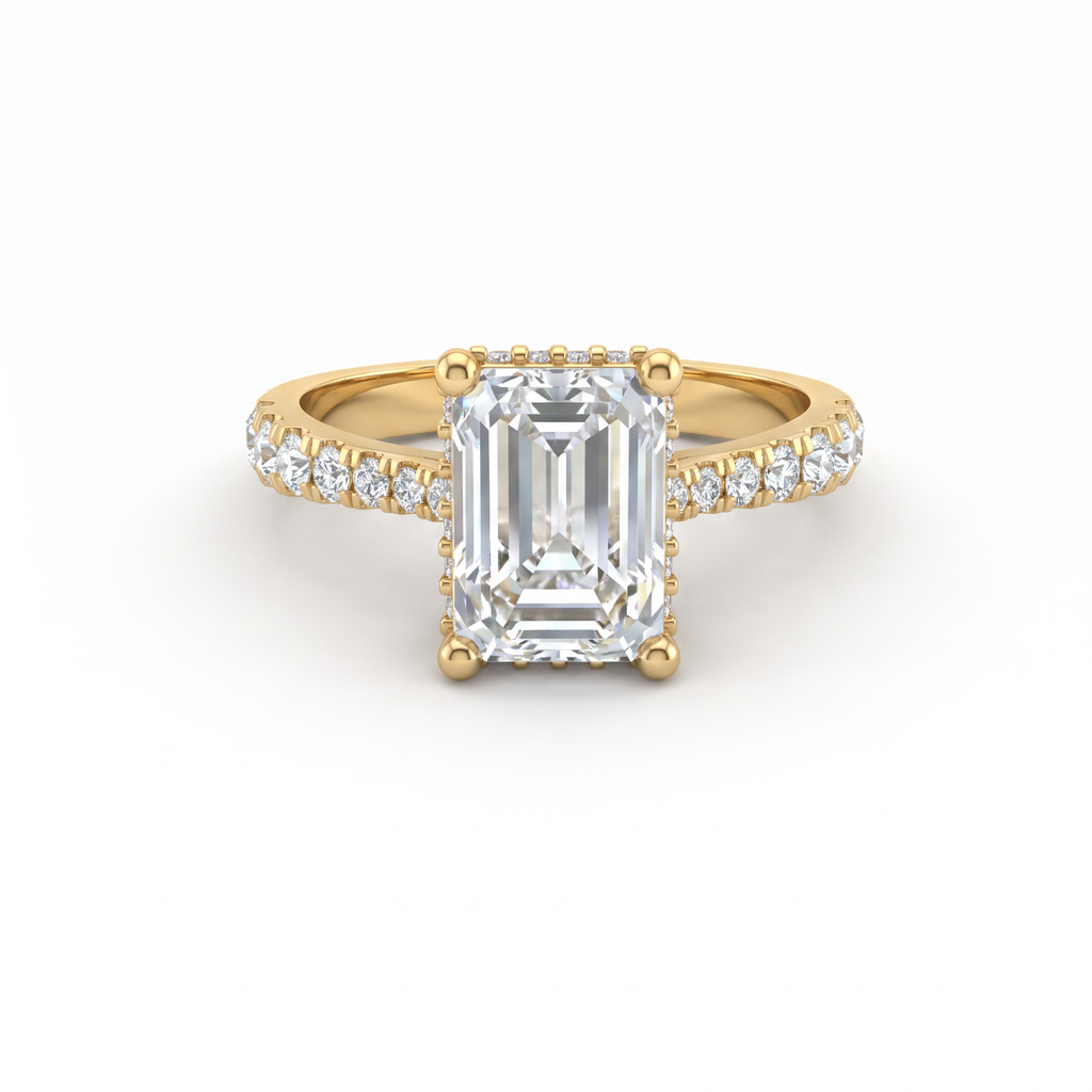 2ct emerald cut Lab-Grown Diamond engagement ring in 14K yellow gold with hidden halo and pavé band, top view