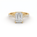 2ct emerald cut Lab-Grown Diamond engagement ring in 14K yellow gold with hidden halo and pavé band, top view