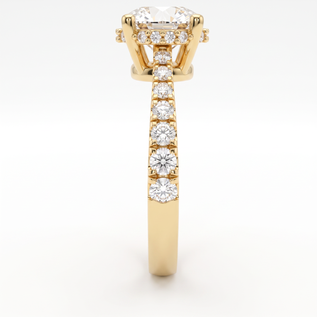 Close-up of the hidden halo and pavé shoulders on a 14K yellow gold 2ct Round Brilliant Lab-Grown Diamond engagement ring