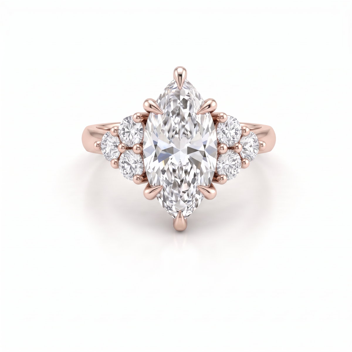 2ct marquise claw prong engagement ring in 14K rose gold with round Lab-Grown Diamond cluster side stones, top view