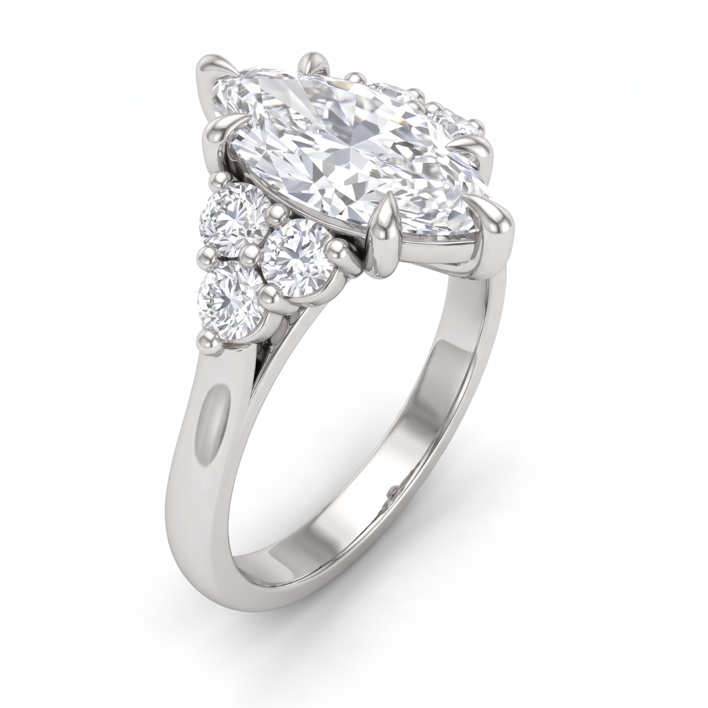 Angled view of claw prongs over the points of a 2ct marquise Lab-Grown Diamond engagement ring with round cluster side stones in 14K white gold
