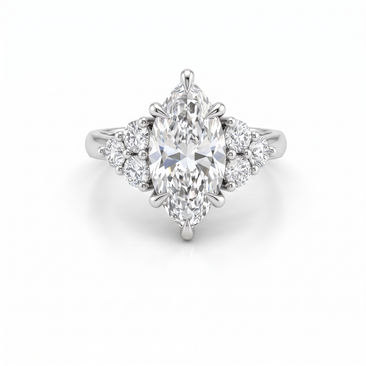 2ct marquise claw prong engagement ring in 14K white gold, top view showing six claw prongs and two round Lab-Grown Diamond cluster side stones
