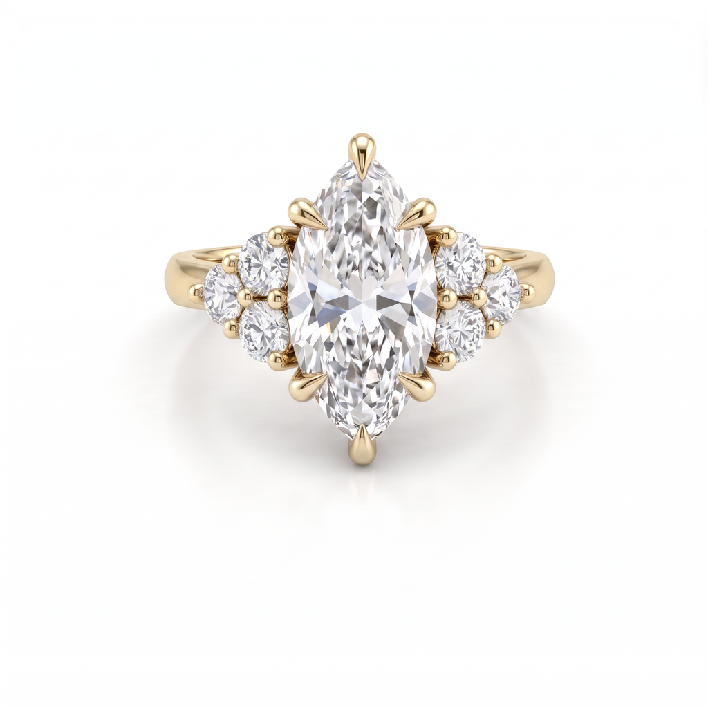 2ct marquise claw prong engagement ring in 14K yellow gold with round Lab-Grown Diamond cluster side stones, top view