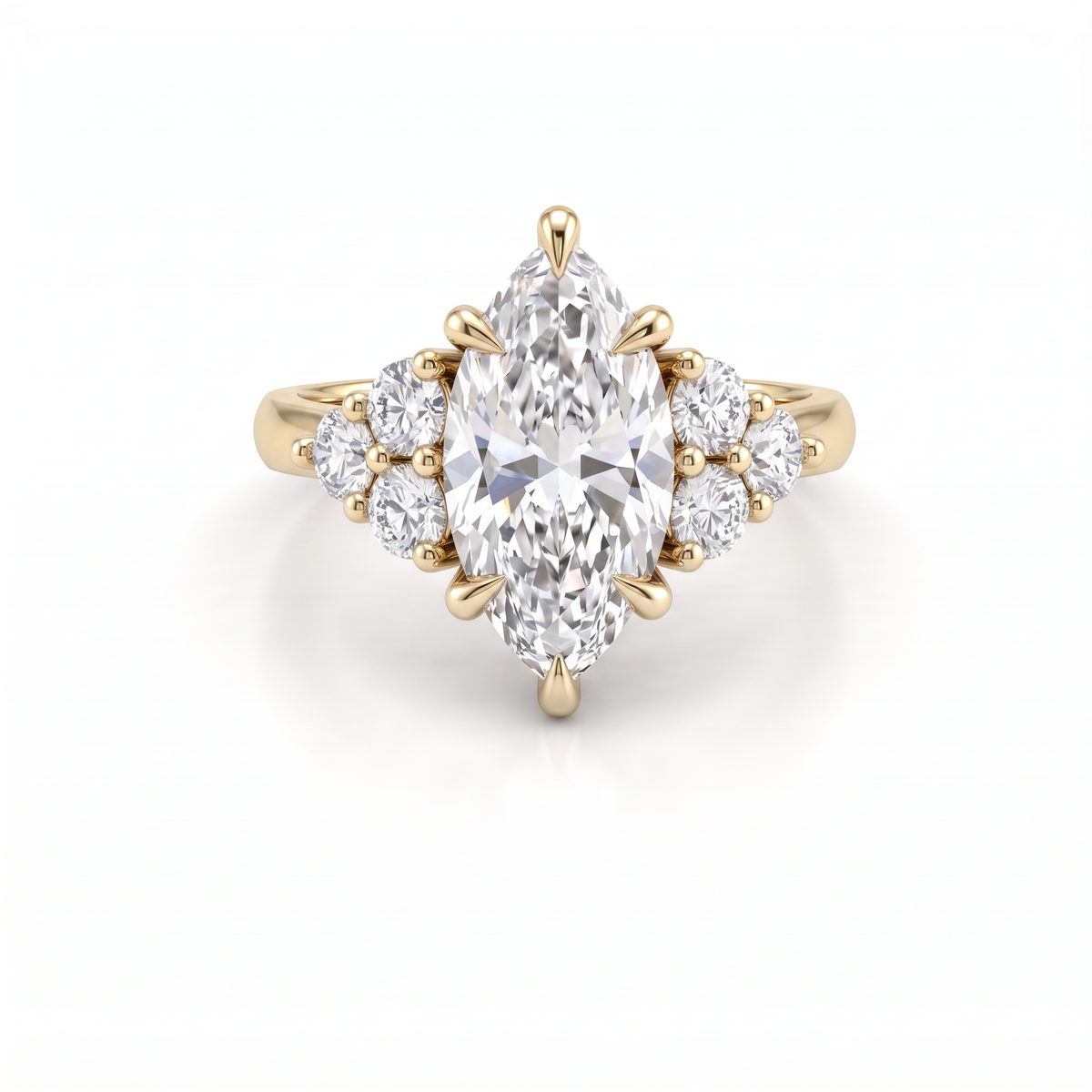 2ct marquise claw prong engagement ring in 14K yellow gold with round Lab-Grown Diamond cluster side stones, top view