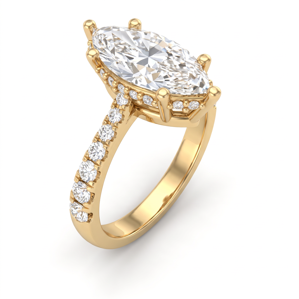 Angled view of a 2ct marquise cut Lab-Grown Diamond solitaire in 14K yellow gold with six-prong setting and pavé shank