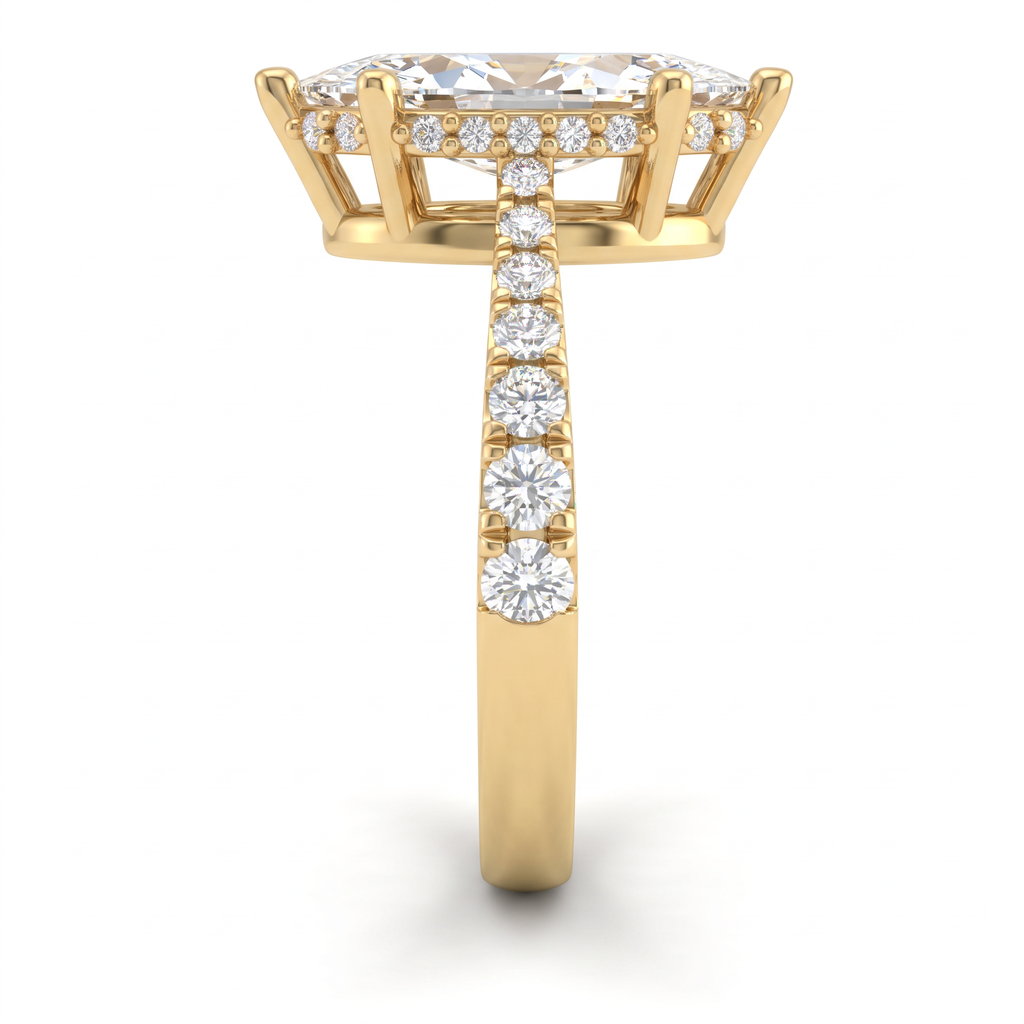 Side view of a 2ct marquise engagement ring in 14K yellow gold with graduated pavé Lab-Grown Diamond band and hidden halo basket