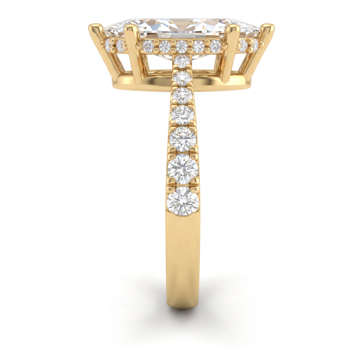 Side view of a 2ct marquise engagement ring in 14K yellow gold with graduated pavé Lab-Grown Diamond band and hidden halo basket