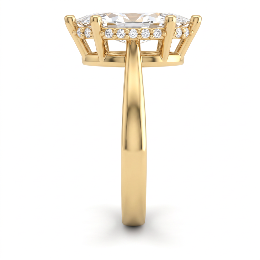 Hidden halo detail, pavé Lab-Grown Diamonds set beneath a 2ct marquise center stone in 14K yellow gold