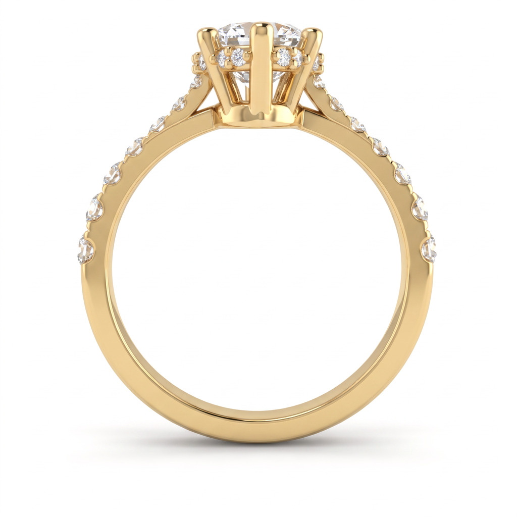 Profile view of a 2ct marquise engagement ring in 14K gold showing the hidden halo of Lab-Grown Diamonds under the center stone
