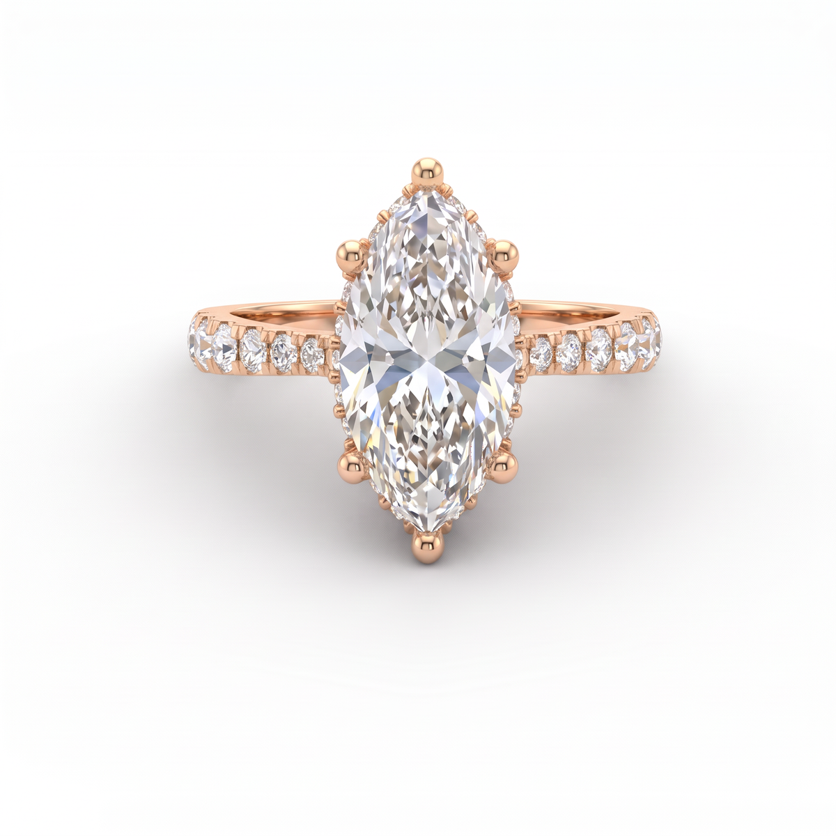 2ct marquise cut Lab-Grown Diamond engagement ring in 14K rose gold with hidden halo and pavé band, top view