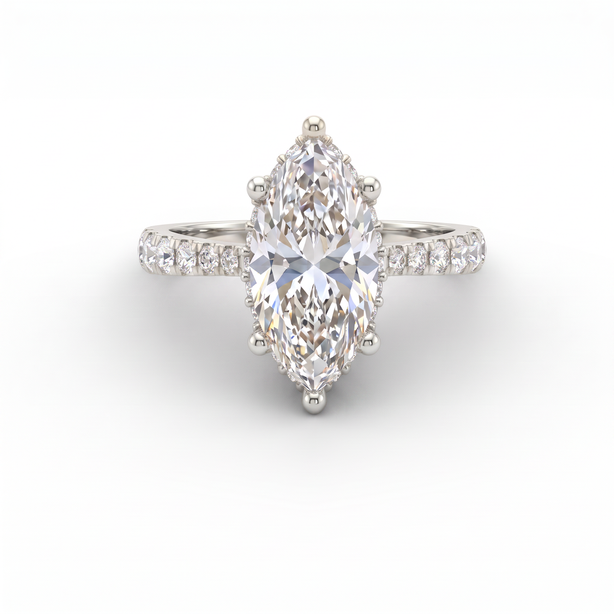 2ct marquise cut Lab-Grown Diamond engagement ring in 14K white gold with hidden halo and pavé band, top view