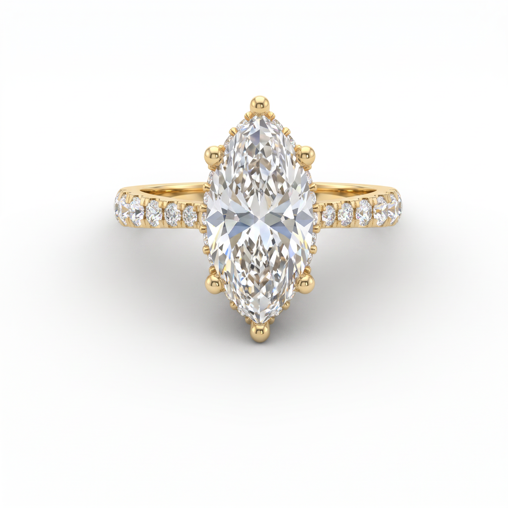 2ct marquise cut Lab-Grown Diamond engagement ring in 14K yellow gold with hidden halo and pavé band, top view