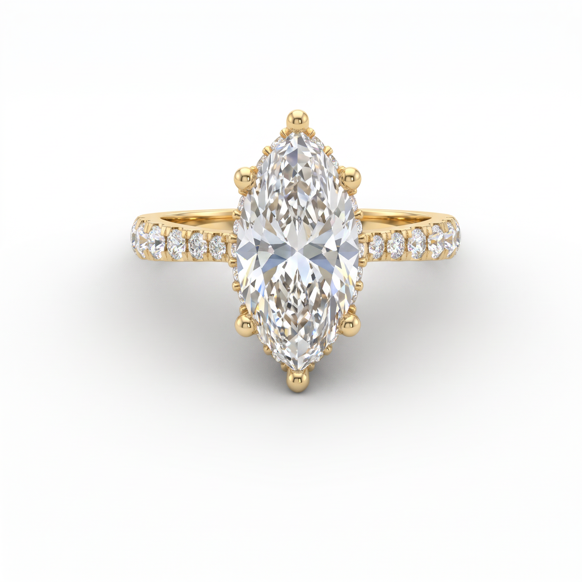 2ct marquise cut Lab-Grown Diamond engagement ring in 14K yellow gold with hidden halo and pavé band, top view
