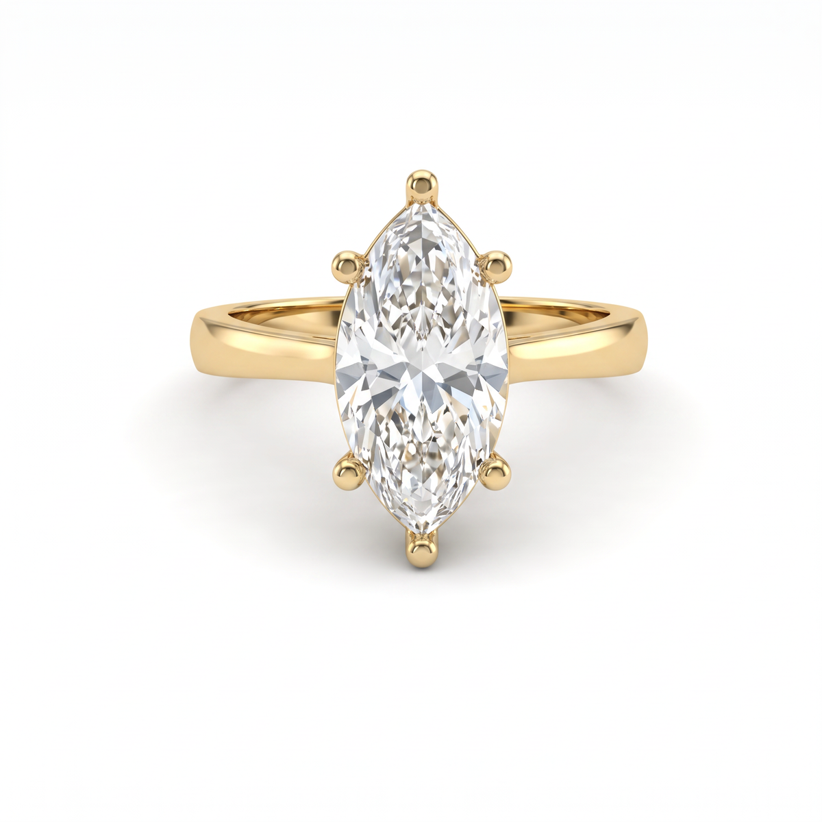 2ct marquise cut diamond solitaire in 14K yellow gold, front view, six prongs on a 2.5mm shank