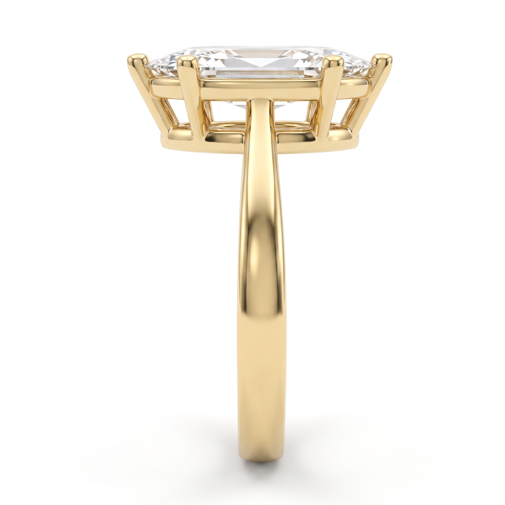 2ct marquise solitaire in 14K yellow gold viewed along the 2.5mm shank, basket and gallery visible from the side