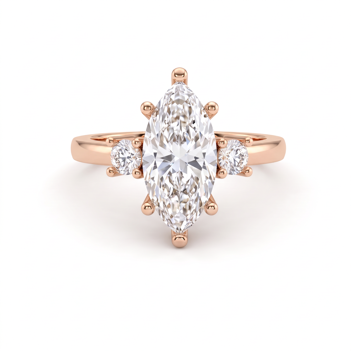 2 carat marquise three-stone engagement ring in 14K rose gold with two round Lab-Grown Diamond side stones, front view