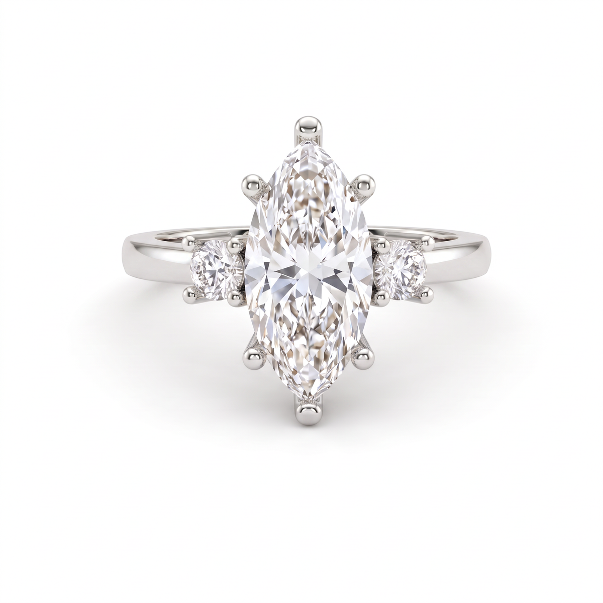 2 carat marquise three-stone engagement ring in 14K white gold with two round Lab-Grown Diamond side stones, front view