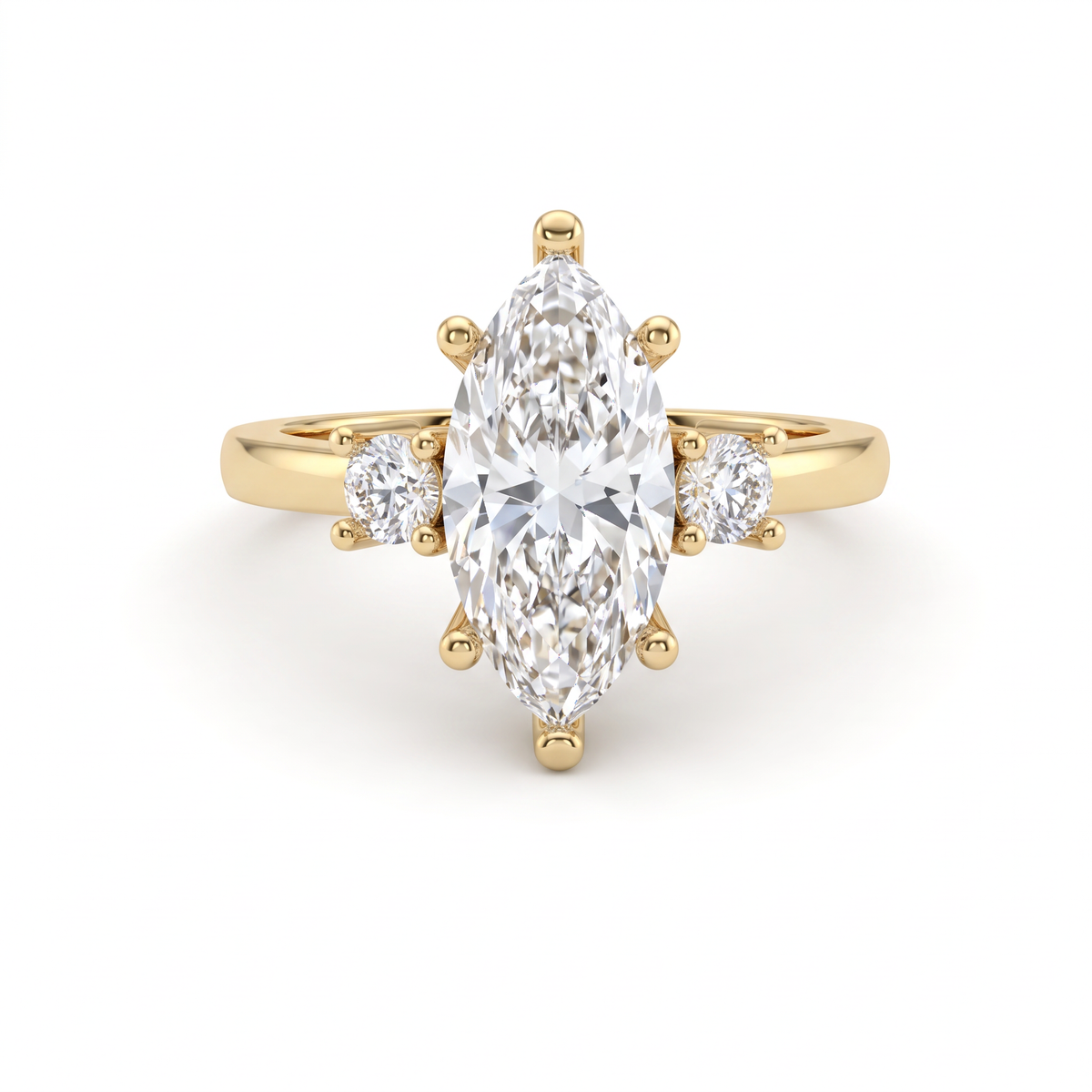 2 carat marquise three-stone engagement ring in 14K yellow gold, 2.22ctw Lab-Grown Diamonds with round side stones, front view