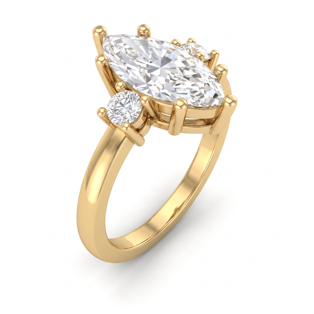 Angled view of 2ct marquise three-stone engagement ring in 14K yellow gold, six round prongs holding the Lab-Grown Diamond center