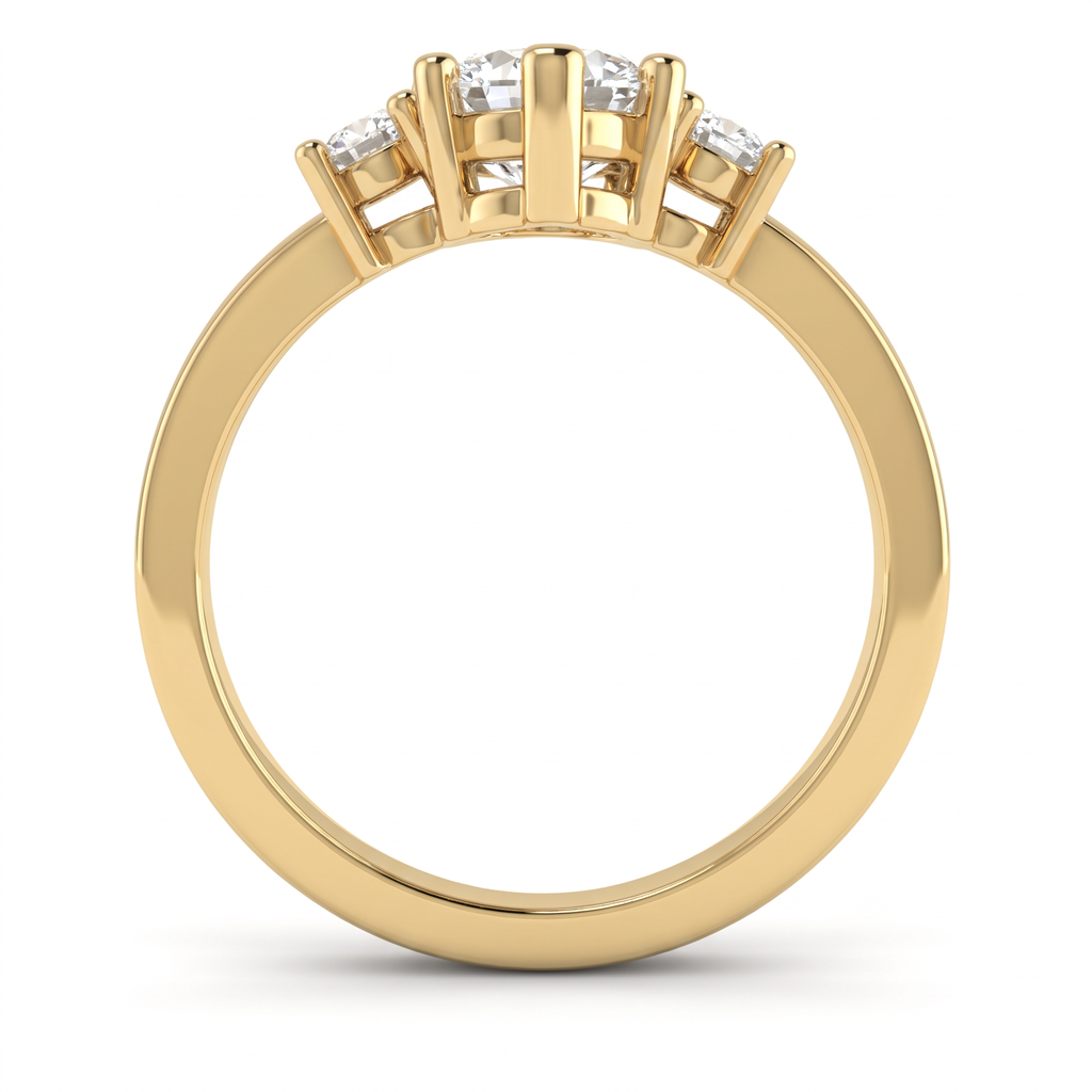 End view of 2 carat marquise three-stone engagement ring in 14K yellow gold, open prong baskets and comfort-fit band