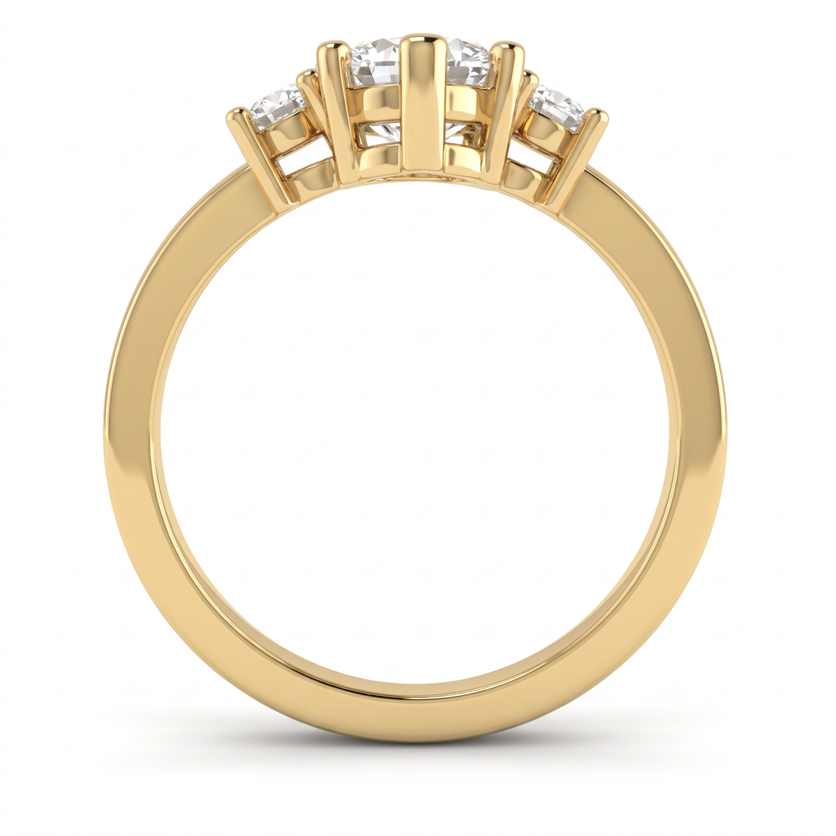 End view of 2 carat marquise three-stone engagement ring in 14K yellow gold, open prong baskets and comfort-fit band