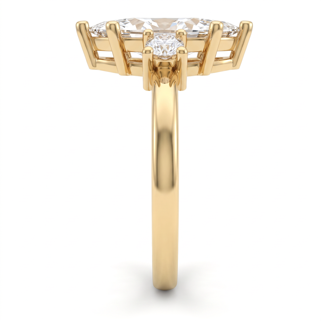 Side profile of 2ct marquise three-stone engagement ring in 14K yellow gold, round Lab-Grown Diamond side stone and double gallery under the marquise head