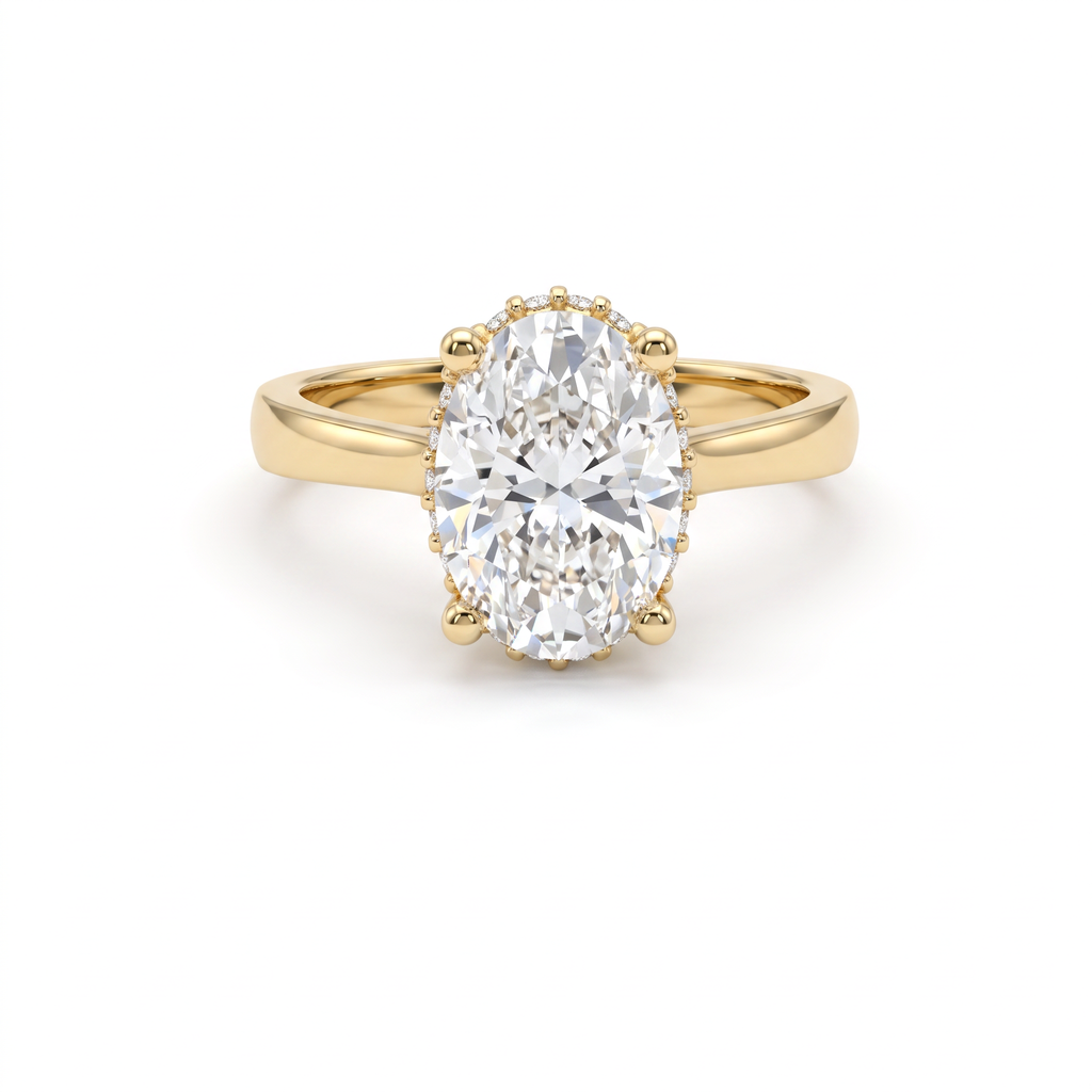 2ct oval cut Lab-Grown Diamond hidden halo engagement ring in 14K yellow gold