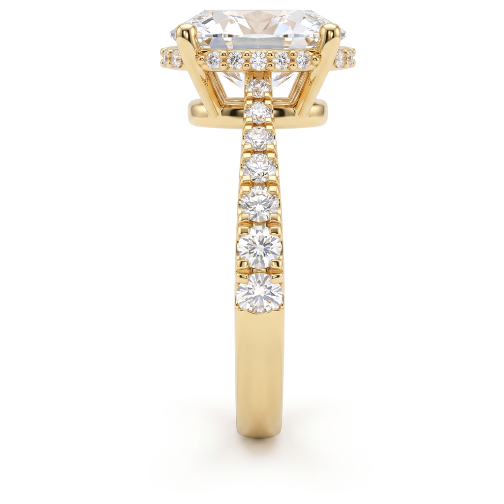 Side view of a 2ct oval engagement ring in 14K yellow gold with graduated pavé Lab-Grown Diamond band and hidden halo basket