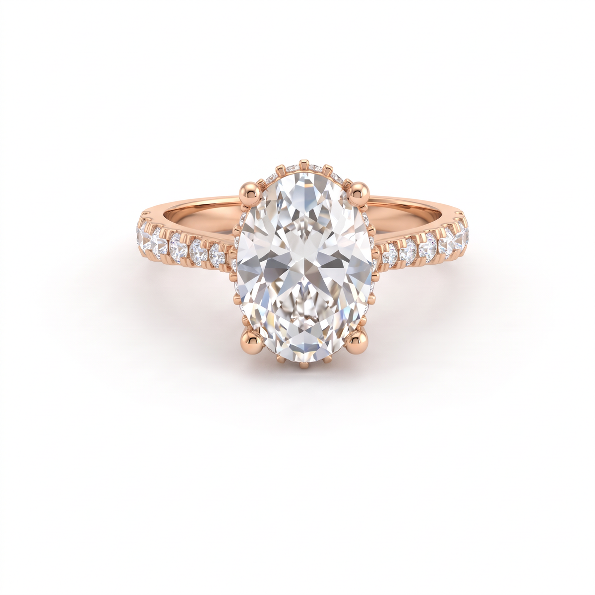 2ct oval Lab-Grown Diamond engagement ring in 14K rose gold with hidden halo and pavé band, top view