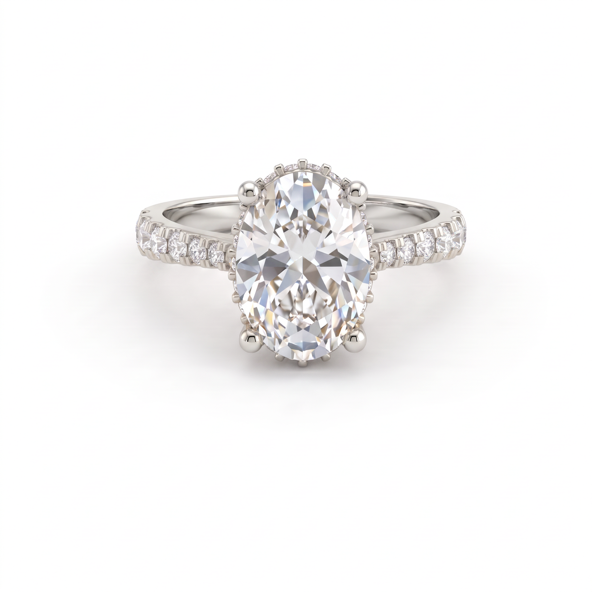 2ct oval Lab-Grown Diamond engagement ring in 14K white gold with hidden halo and pavé band, top view