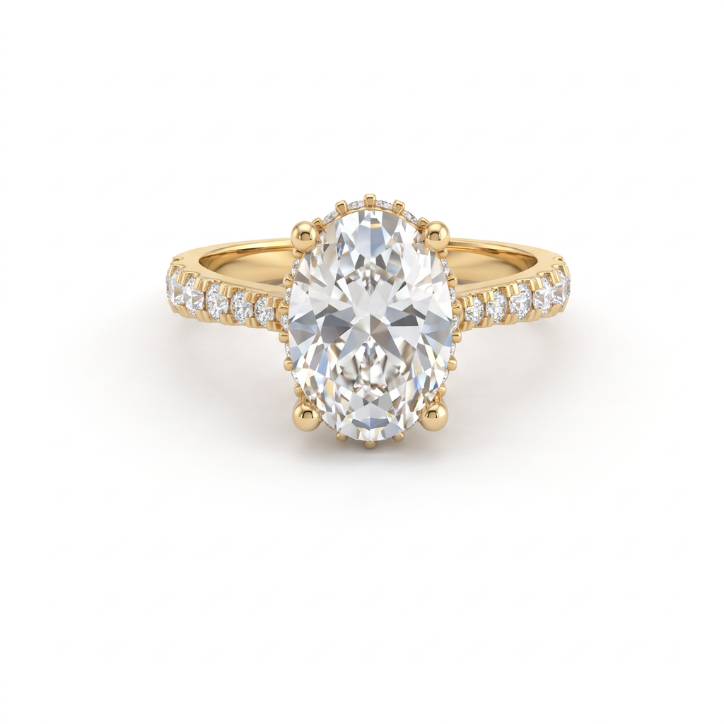 2ct oval Lab-Grown Diamond engagement ring in 14K yellow gold with hidden halo and pavé band, top view