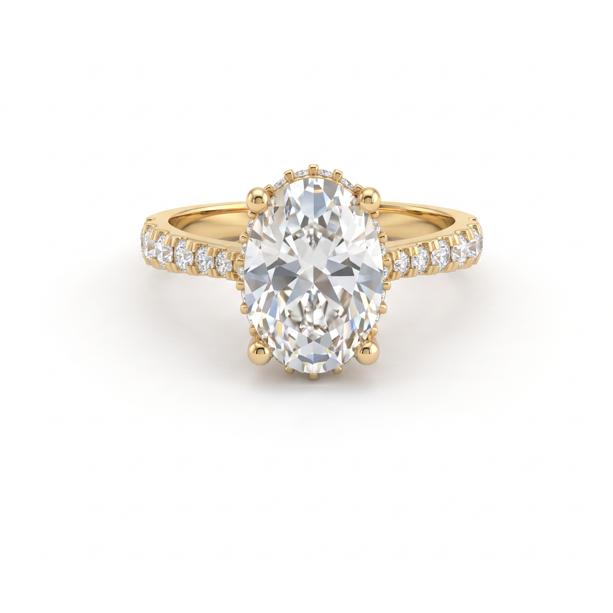 2ct oval Lab-Grown Diamond engagement ring in 14K yellow gold with hidden halo and pavé band, top view