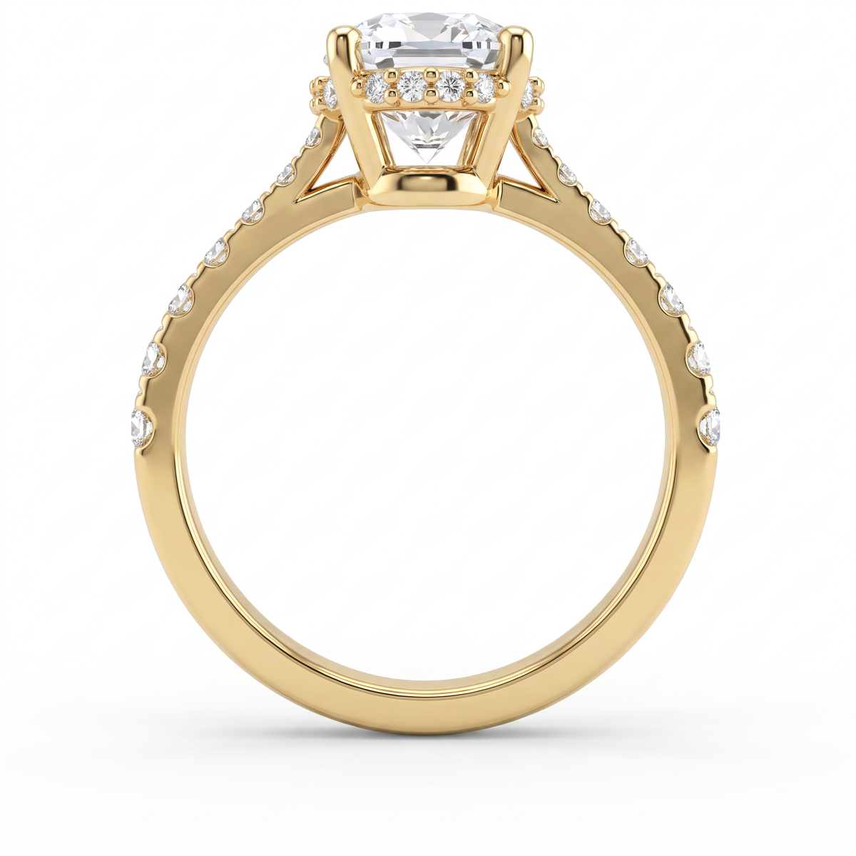 Profile view of a 2ct oval engagement ring in 14K gold showing the hidden halo of Lab-Grown Diamonds under the center stone