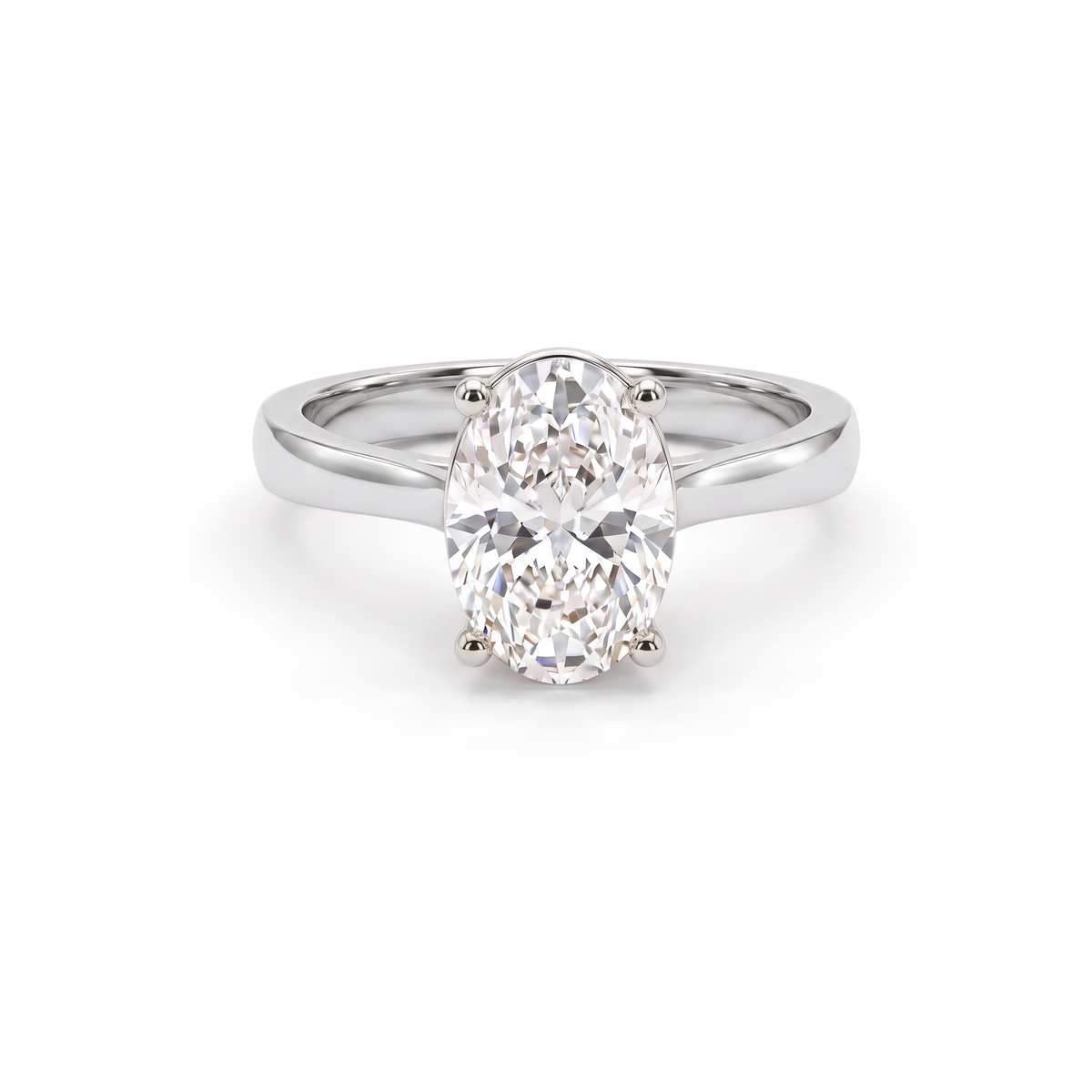 2ct oval cut diamond solitaire in 14K white gold, front view, four-prong head on a 2.5mm shank