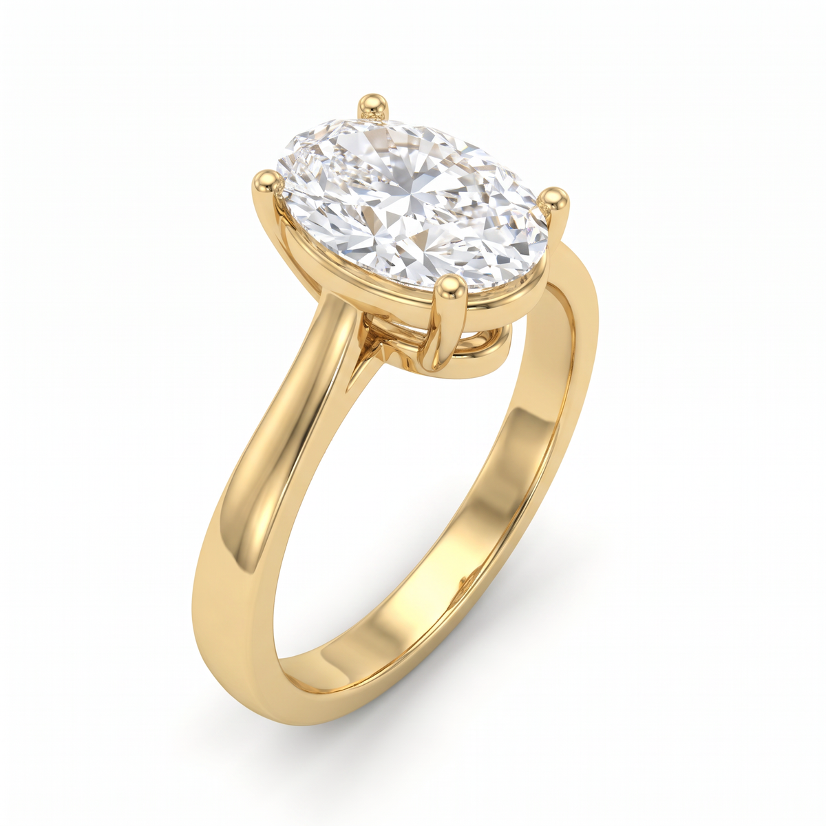 Three-quarter view of the 2ct oval solitaire in 14K yellow gold, four-prong basket above the gallery