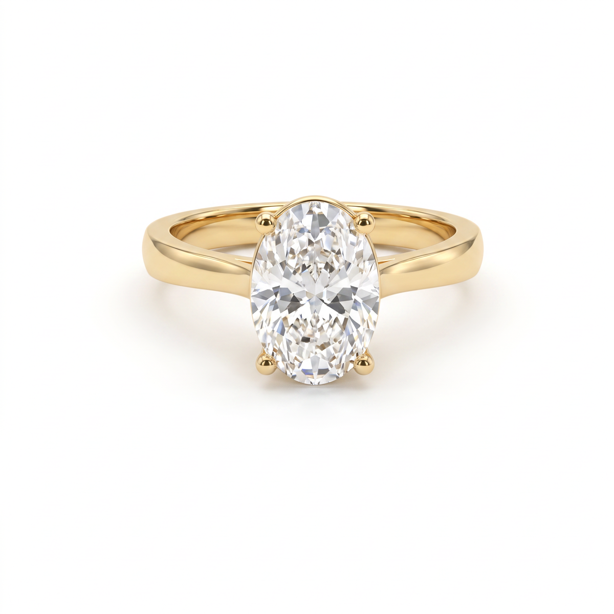 2ct oval cut diamond solitaire in 14K yellow gold, front view, four-prong head on a 2.5mm shank