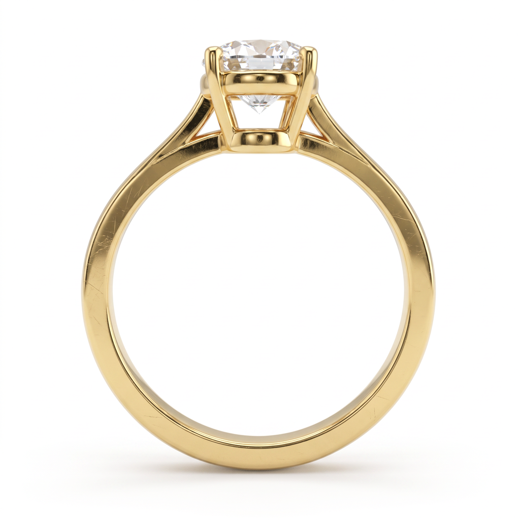 Side profile of the 2ct oval solitaire in 14K yellow gold, showing the second gallery beneath the basket