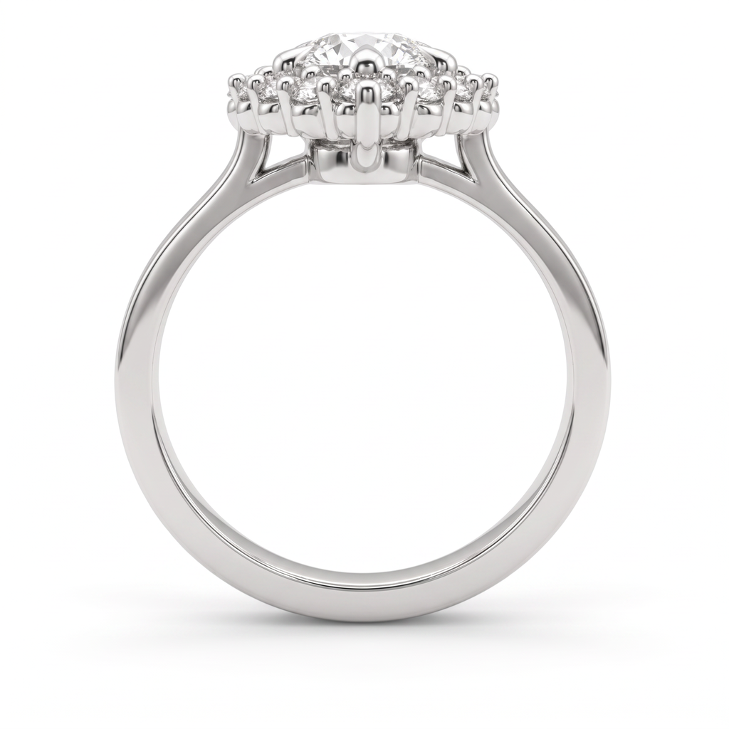 Profile of pear cluster halo engagement ring showing open gallery and plain 14K gold band