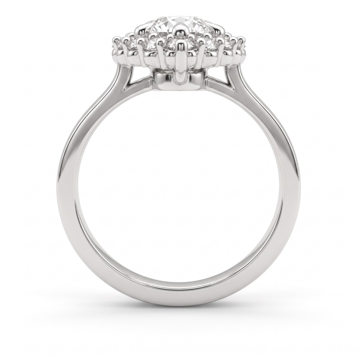 Profile of pear cluster halo engagement ring showing open gallery and plain 14K gold band